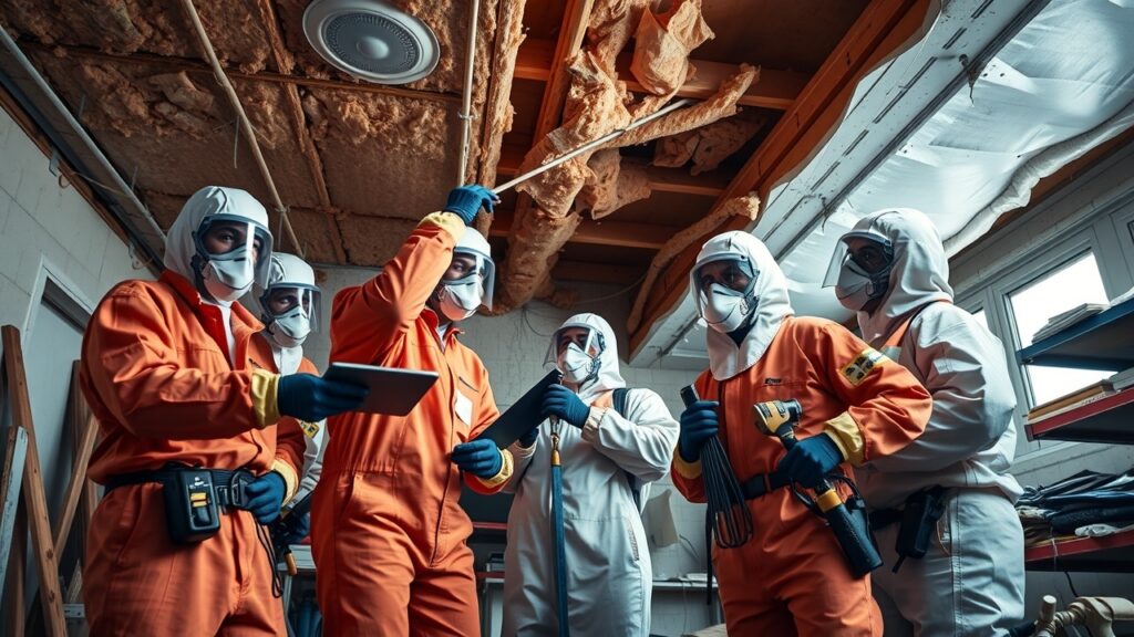 A team of professionals in hazmat suits removing asbestos from a ceiling in a cluttered work environment.