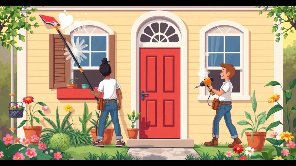 A playful cartoon illustration of a team using different lead paint removal techniques on a colorful home exterior. One person is scraping paint, while another uses a heat gun, all in a lively atmosphere filled with plants and flowers.