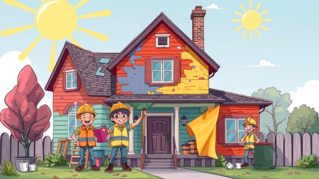 A colorful cartoon image of a house being renovated, with cheerful characters wearing safety gear, peeling off layers of colorful lead-based paint, while an upbeat sun shines in the background.