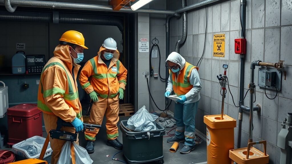 A detailed shot of tools and equipment used in asbestos and hazmat removal, including respirators, gloves, and other personal protective equipment laid out neatly.